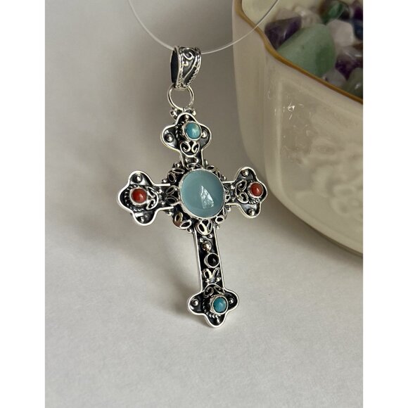 Handcrafted Agate Cut Gemstone Cross 925 Sterling Silver - Picture 9 of 16